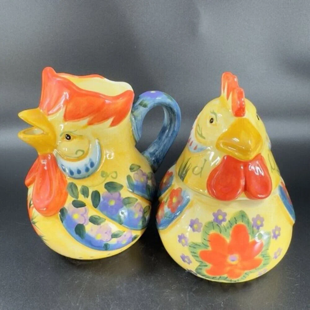 Fontana‎ Dario Farrucci Collection Set Rooster Sugar Bowl Creamer And Tray Set